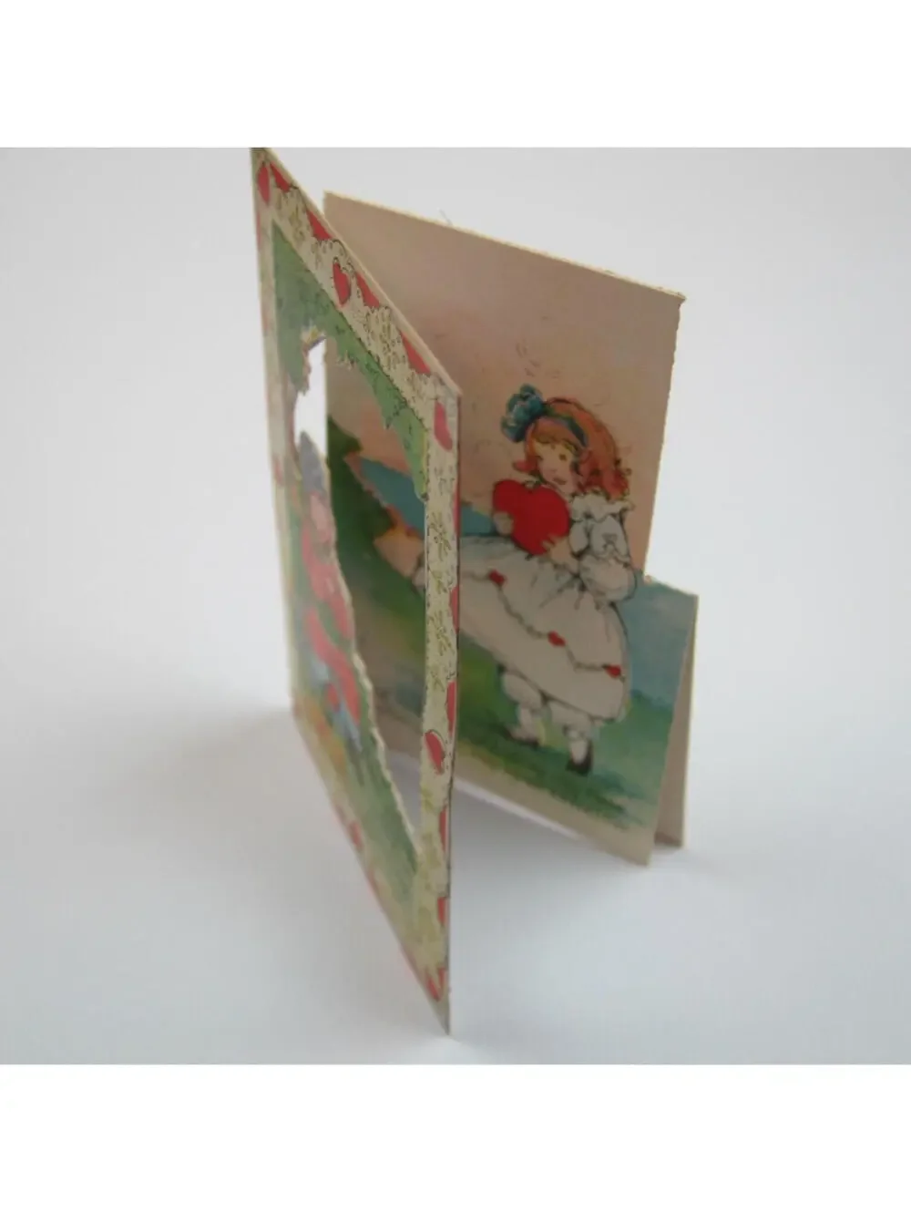 Vintage Valentine Gypsy Boy Sits Trunk Girl Die cut Fold 3D 1920s-30s UNSIGNED